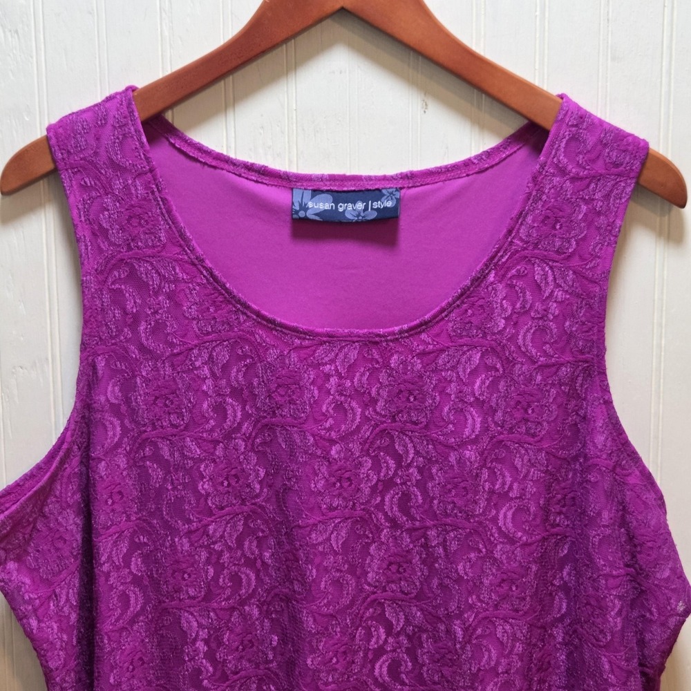 Susan‎ Graver Style Tank Top Womens 1X Purple Lace Floral Scoop Neck Lined